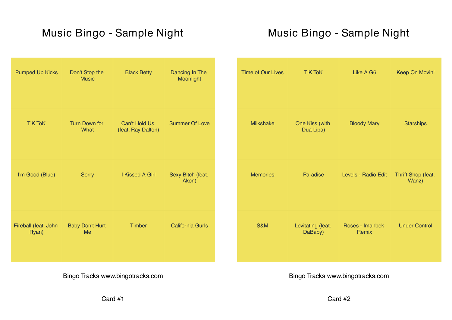 Two yellow music bingo cards from the downloadable sample game